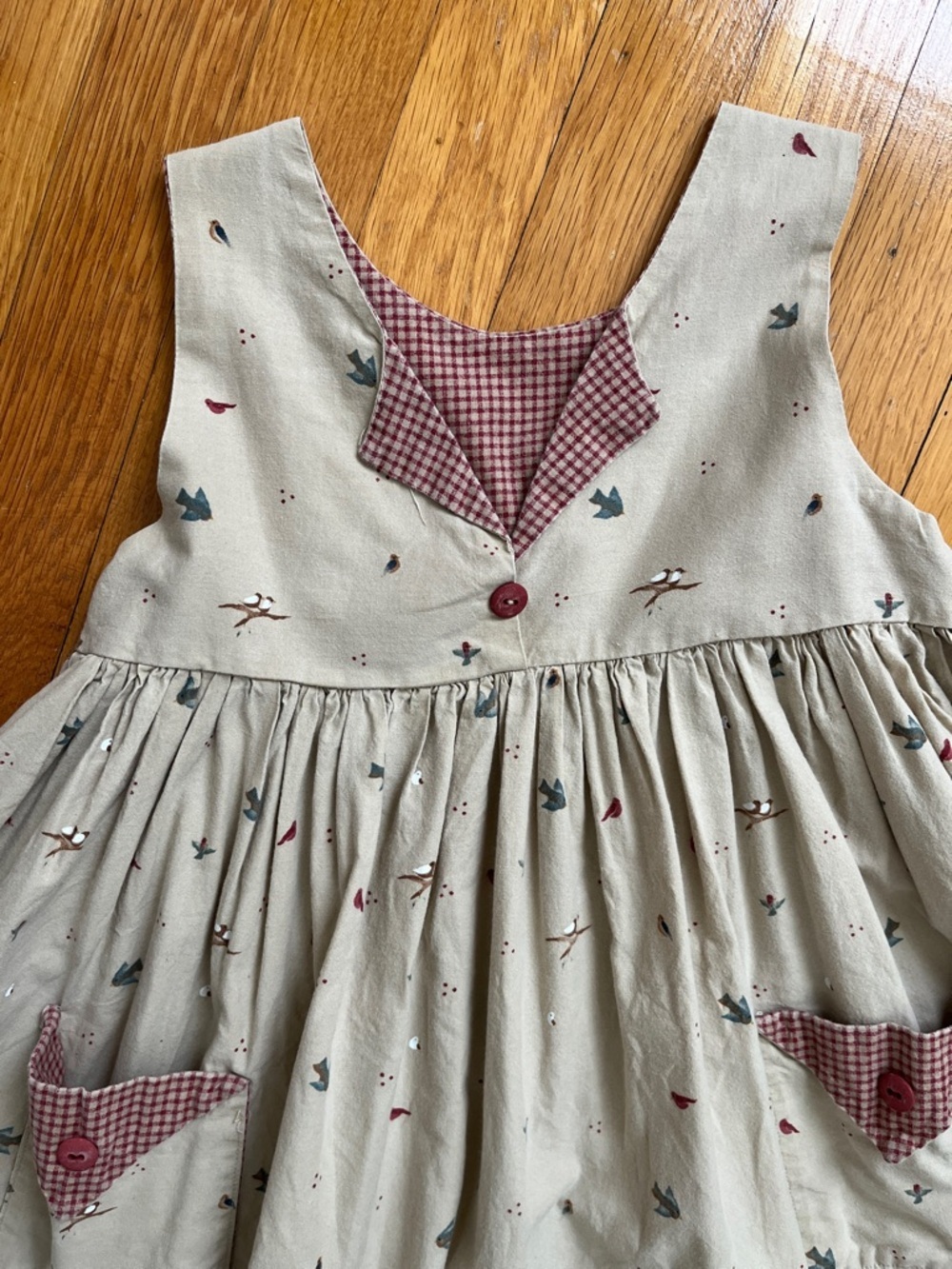 Girls Handmade Cotton Vintage 90s Bird & Birdhouse Country Jumper Dress - Picture 5 of 14